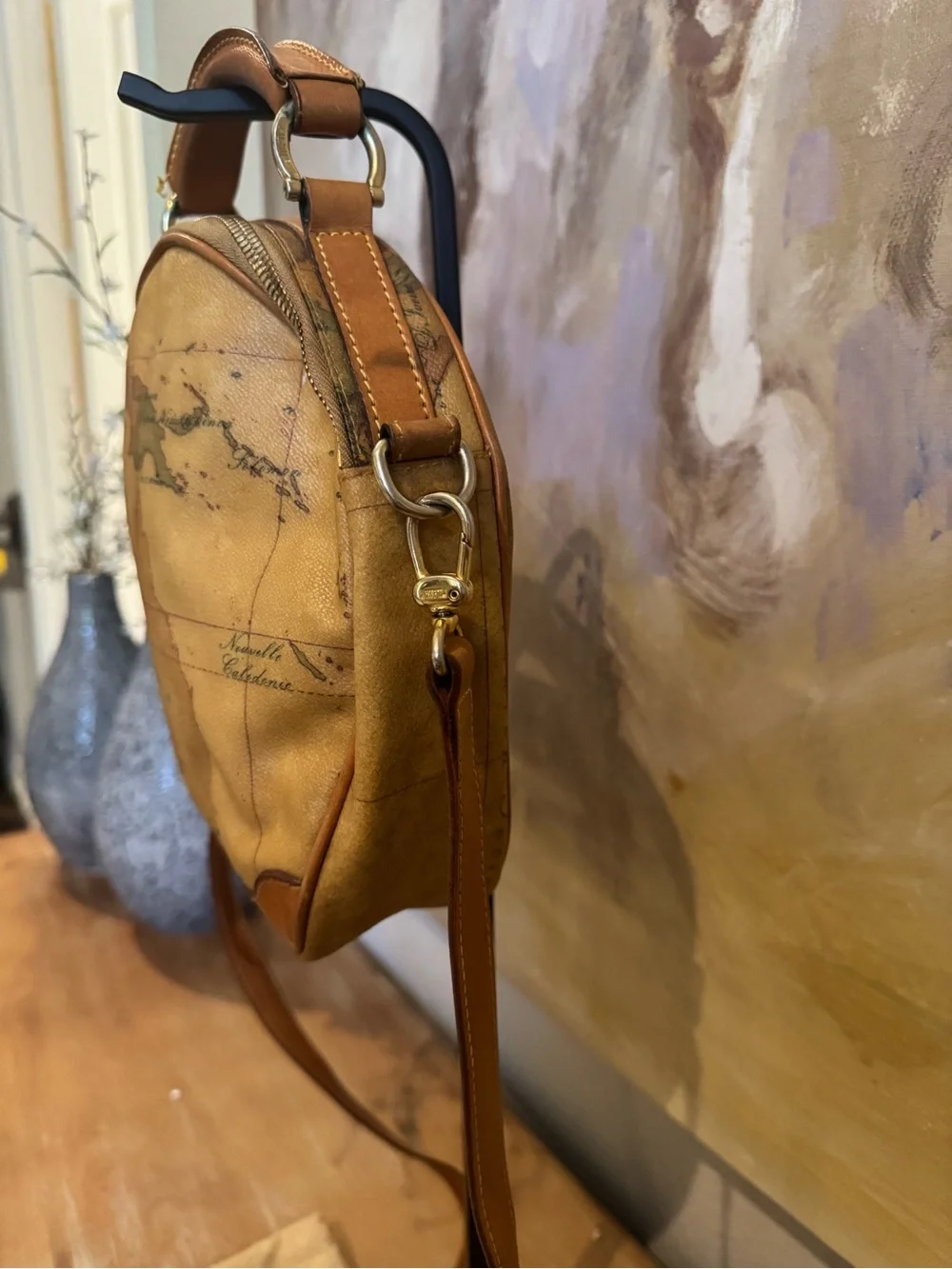 Alviero Martini Italian Map-Print Round Crossbody Bag in Tan